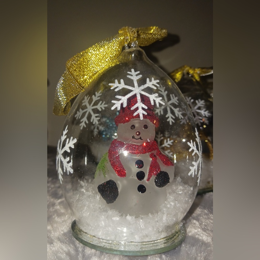Festive Snowman Glass Ornament with Gold Ribbon